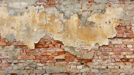 Old brick wall texture with shabby stucco and plaster. Brick wall background, stone wall surface. Plastered wall with uneven stucco with cracks and damages. 