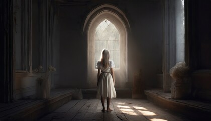 silhouette of a person walking in the church
