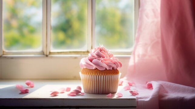 Delicious cupcake with pink cream, in front of a window with a pink curtain, food blogger photo about cupcakes, Space for text