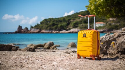 Vibrant modern suitcase with wheels on beach, evoking a sense of travel and adventure