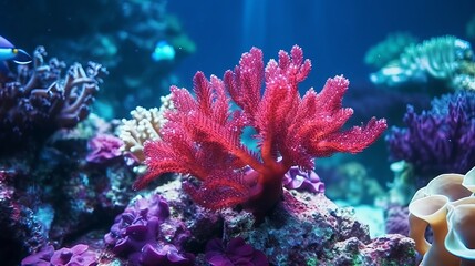 Obraz premium Flower sea living coral and reef color under deep dark water of sea ocean environment