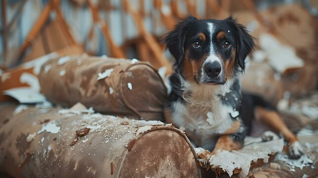 Guilty-looking dog beside torn sofa cushion in ruined room. Concept Pet Mischief, Home Destruction, Animal Behavior, Interior Damage