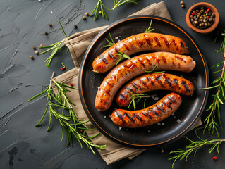 grilled sausage on a plate seen from above, dark granite background table / surface, with copy space and herbs as decoration. BBQ dish 
