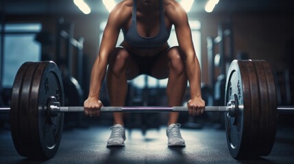 Woman's hands doing a deadlift exercise training Lift a heavy barbell in your home gym.