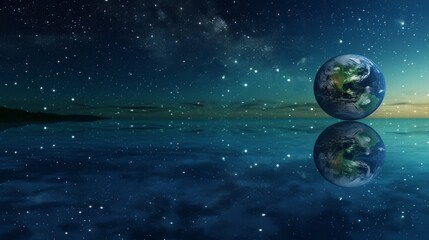 Planet Earth mirrored on the water's surface under the starry sky, a metaphor for the reflective consideration of our environmental responsibilities.