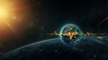 An inspiring image of Earth with a vibrant heartbeat line, symbolizing the planet's robust health and vitality against the backdrop of space.