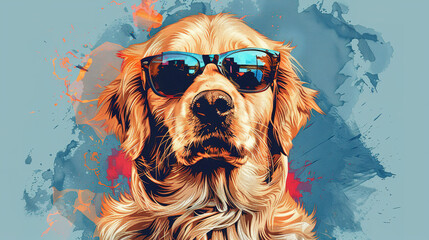 cool looking golden retriever dog wearing sunglasses, mixed grunge colors style illustration.