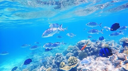 Fototapeta na wymiar Group of coral fish blue water