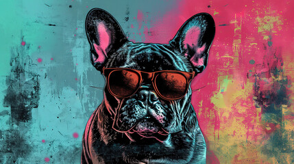 cool looking french bulldog dog wearing sunglasses, vector art, mixed grunge colors style illustration. - obrazy, fototapety, plakaty