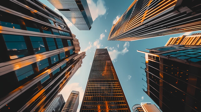 Skyward View Between Towering Skyscrapers at Dusk in Large Cityscape