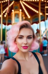Beautiful young woman with pink hair on the background of a carousel.