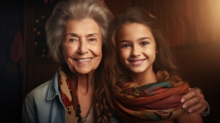 Fototapeta premium A smiling grandmother stands side by side with her granddaughter.
