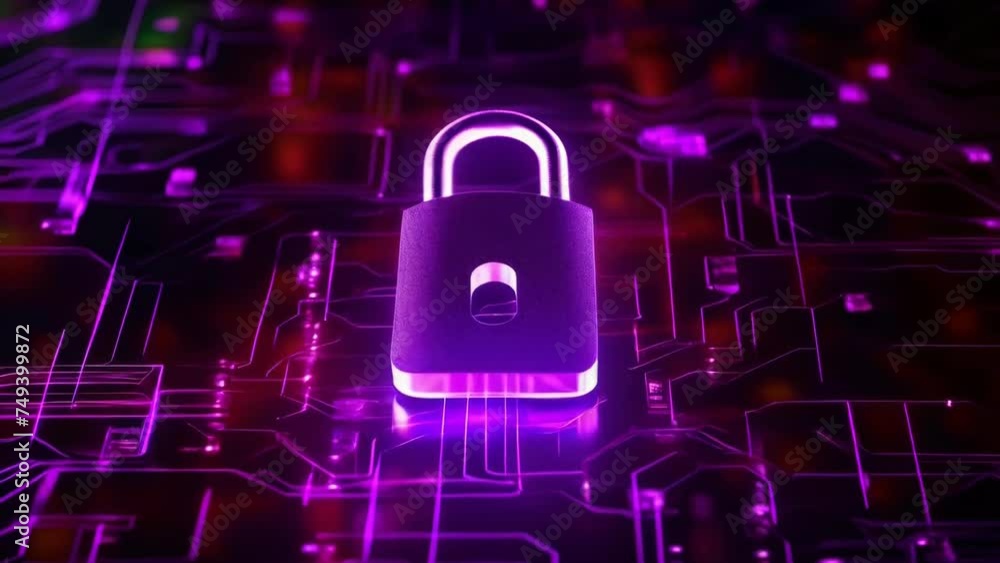 Poster a purple padlock on a circuit board, suitable for cybersecurity concepts.