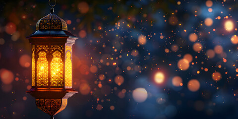 Elegant Islamic New Year Decoration with Praying Beads and Golden Lantern on Dark Background ,Beautiful Ramadan Kareem Greeting Card Design with Islamic Praying Beads and Golden Lantern 