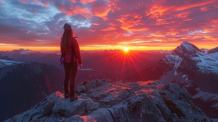 Adventurous Girl Hiking on top of a Peak, Chief Mountain, during a dramatic colorful sunny sunset. 