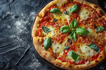 A traditional Margherita pizza with bubbling mozzarella, vibrant basil leaves, and rich tomato sauce, presented on a dark slate surface, highlighting the simplicity and allure of Italian cuisine.