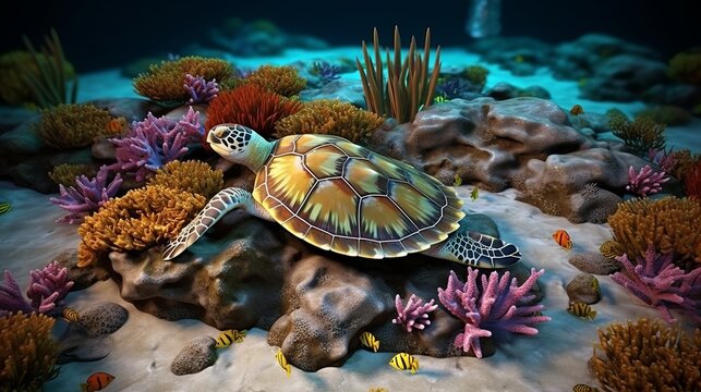 Image for 3d floor. Underwater world. Turtle. corals