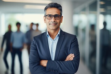 Fototapeta premium indian confident mature businessman leader looking at camera standing in office at team meeting. Male corporate leader ceo