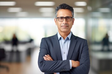 Fototapeta premium indian confident mature businessman leader looking at camera standing in office at team meeting. Male corporate leader ceo
