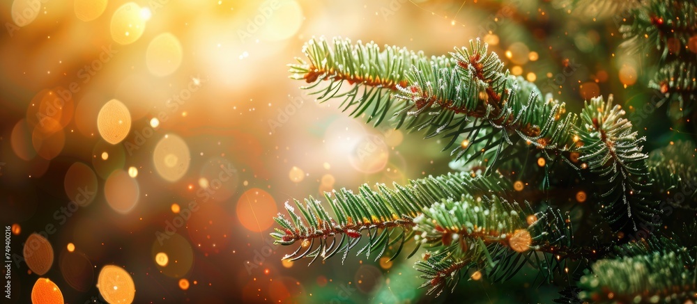 Poster detailed view of a pine trees branches and needles in sharp focus, set against a softly blurred back