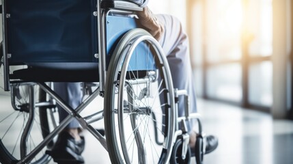 Obraz premium A disabled man in a wheelchair is holding a wheel in a hospital to receive medical treatment. Disabled people. Mobility problems and men.