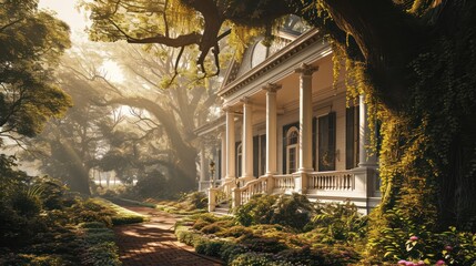 the beauty of a Southern Plantation home with a grand front porch and columns, surrounded by...