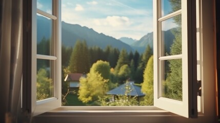 Naklejka premium Perspective view from window. Open window with a beautiful view of the mountains and nature. The concept of a bright future