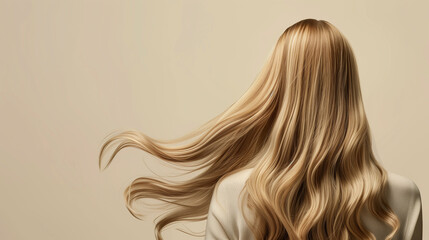 Blonde girl with long wavy hair on a white background.