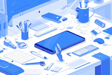 Isometric work space with laptop, tablet, mobile phone, stationery and office supplies