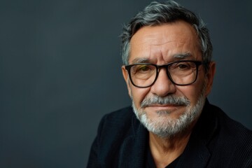 Fototapeta premium Portrait of an adult businessman wearing glasses on a gray background. Happy senior Latino man looking at camera isolated over gray wall.