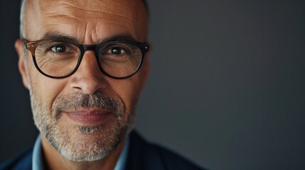 Portrait of an adult businessman wearing glasses on a gray background. Happy senior Latino man looking at camera isolated over gray wall.