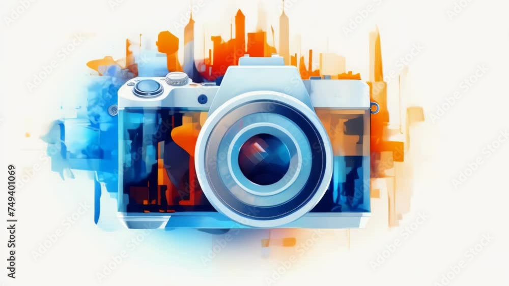 Poster a digital camera capturing city skyline, ideal for technology concepts.
