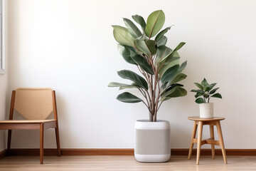 Modern office interior with plants, flowers, furniture, and wooden accents Interior of modern living room with a chair and a houseplant - obrazy, fototapety, plakaty