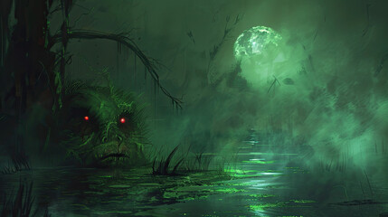 spooky halloween mosnter background at swamp 