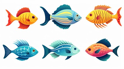 Tropical coral fish collection on white background