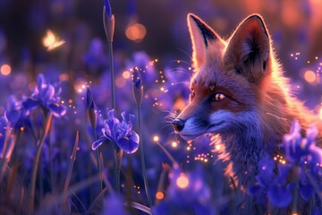 Orange mischievous fox in Iris flowers, being cute with fireflies and purple sparkles. Fresco...