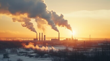 Obraz premium Winter time at sunset Chimney pipes release carbon dioxide from coal-fired thermal power plants into the atmosphere. Concept of air pollution and emissions problems