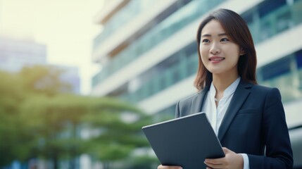 Smiling Asian businesswoman. Leader, entrepreneur, manager. Professional holding a tablet computer on the street of a big city on sky background.