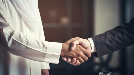 Fototapeta premium Successful Arabic business people shaking hands over a deal . Arabian man in white suit handshake with business man
