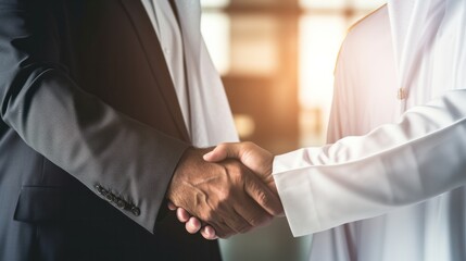 Successful Arabic business people shaking hands over a deal . Arabian man in white suit handshake with business man - obrazy, fototapety, plakaty