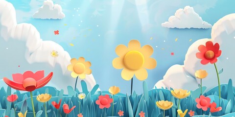 field of flowers and butterflies, spring weather banner, poster, spring weather background, spring background