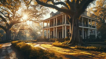 Tuinposter the beauty of a Southern Plantation home with a grand front porch and columns, surrounded by magnolia trees © Tina
