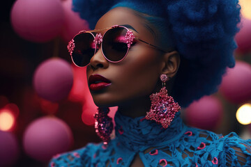 Elegant woman with blue hair, ornate pink sunglasses, and glittering earrings, set against a background with pink balloons.