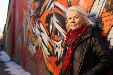 Elegant woman in red scarf stands confidently by vibrant graffiti wall in an urban setting, showcasing a blend of classic beauty and modern street art.