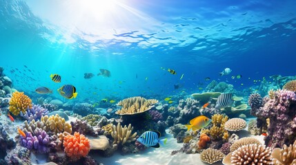 Underwater coral reef landscape super wide banner background  in the deep blue ocean with colorful fish and marine life