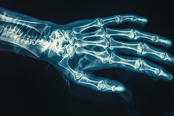X-ray of human hand. Real human hand image in blue. All bones and structure. Anatomy