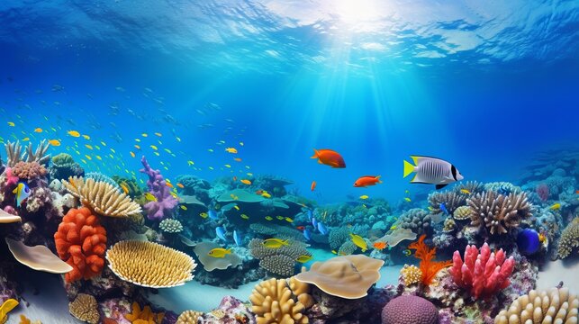 Underwater panorama with great variety of fish and coral