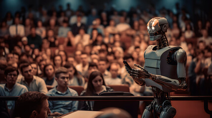a robot giving a lecture, a robot speaking to an audience - obrazy, fototapety, plakaty
