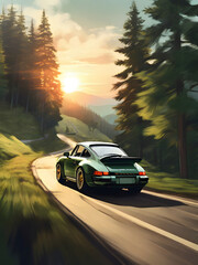 Fototapeta premium Car on the road in the mountains at sunset. 3d rendering Generative AI