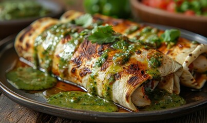 A plate of chicken and tortilla with green gravy, mexican food stock photo